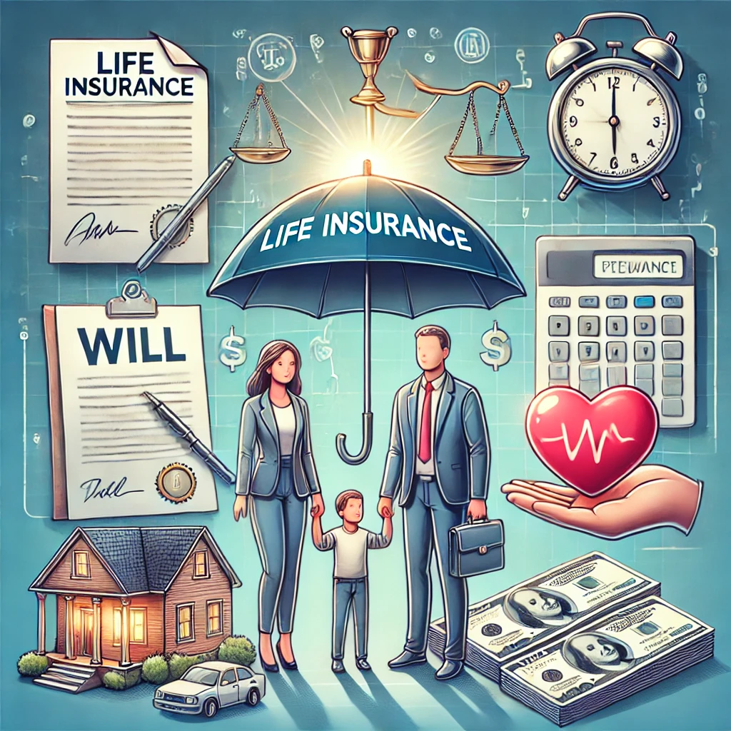 Family under umbrella, life insurance and financial security concepts