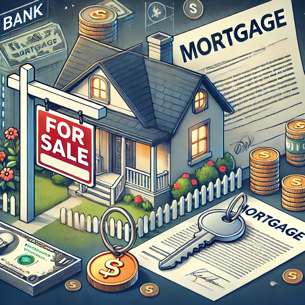 Illustration of house for sale with mortgage documents and coins