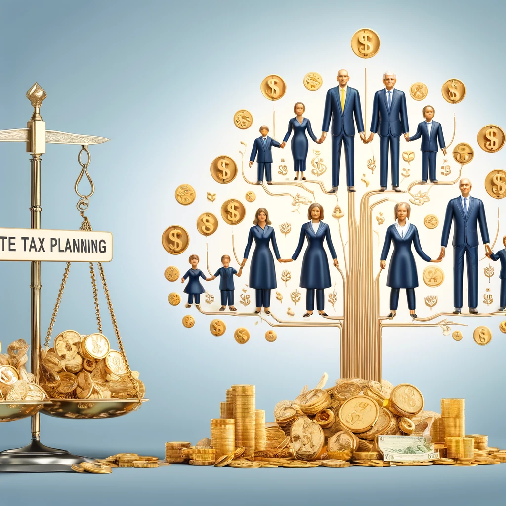 Illustration of estate tax planning concept with coins and figures