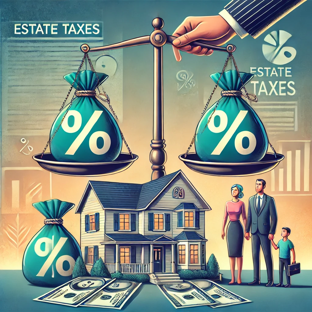 Illustration of family with estate taxes and balance scales.