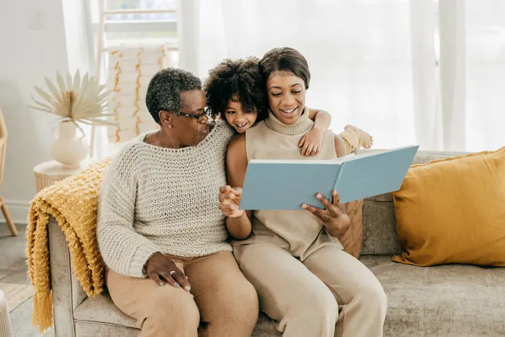 Family reading together on couch