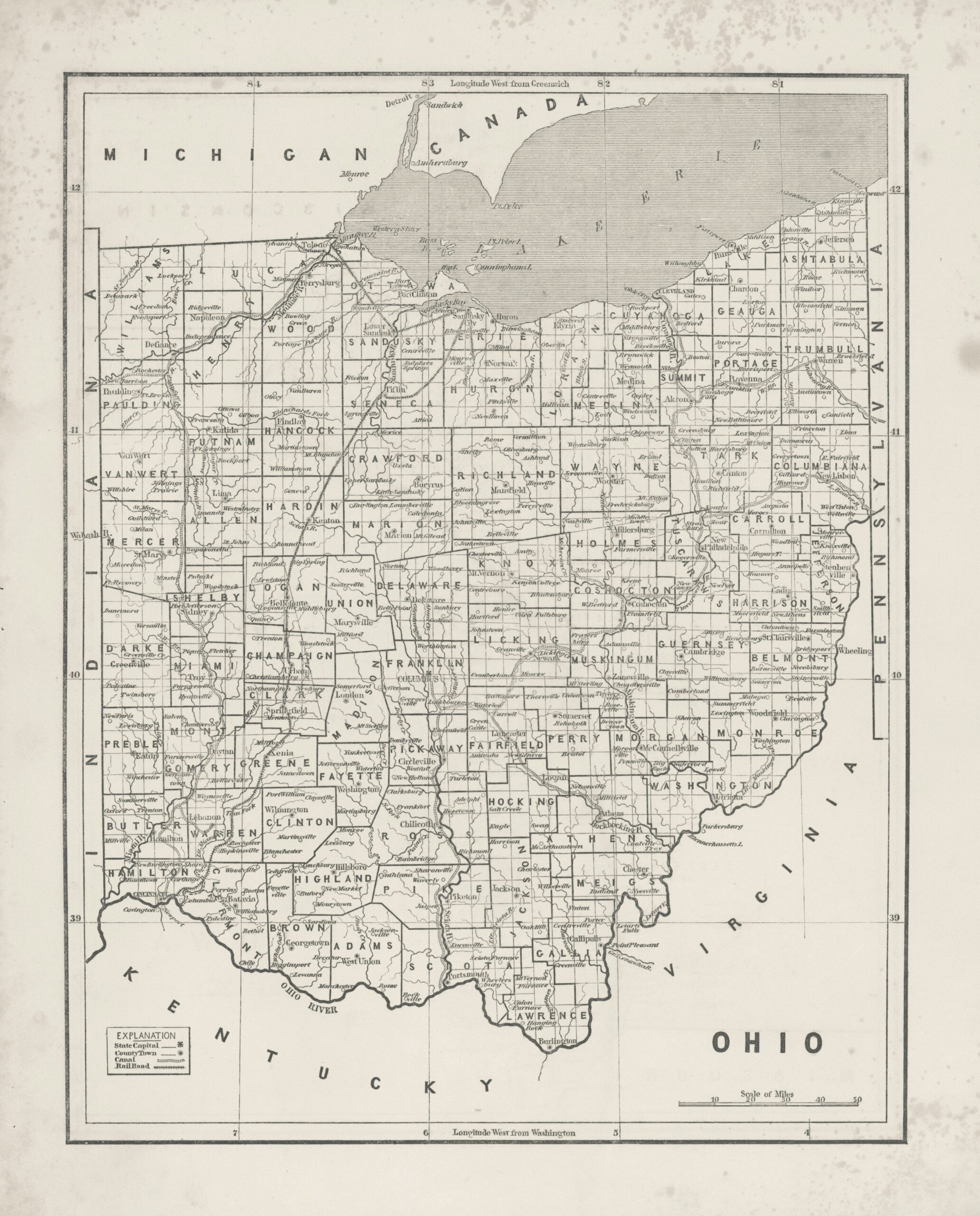 Historical map of Ohio showing counties and major cities