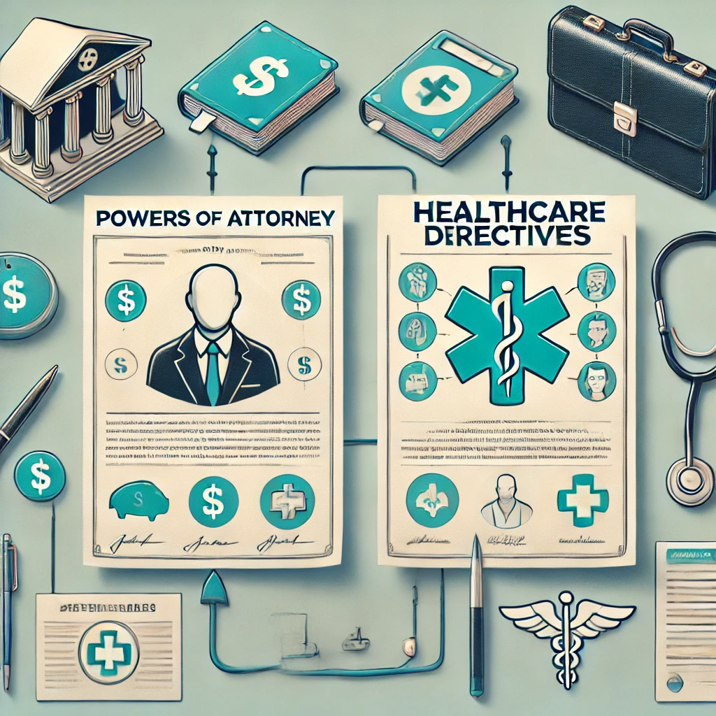 Illustrated legal and healthcare documents with icons.