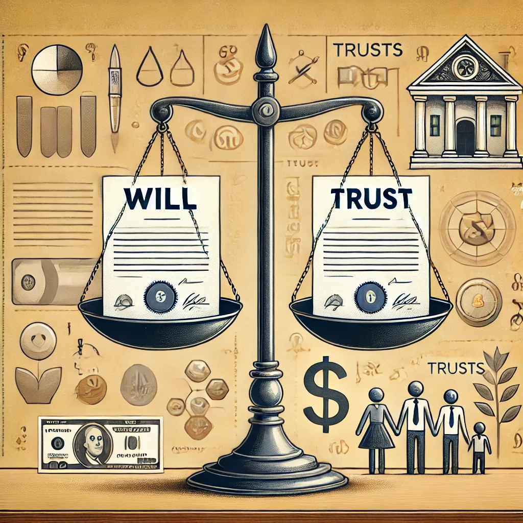 Illustration of estate planning, will and trust documents on scales